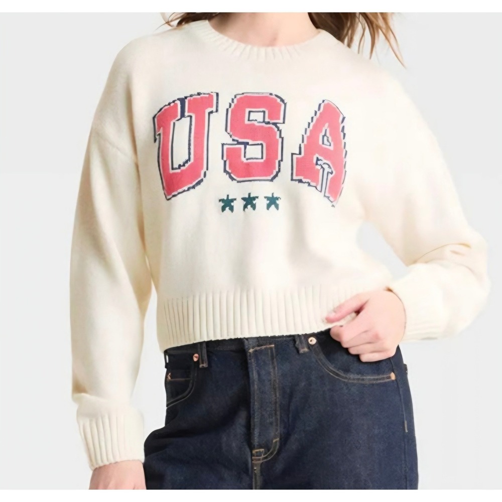 Grayson Threads Womens USA Graphic Cropped Sweater Off-White Red Blue 1X NWT